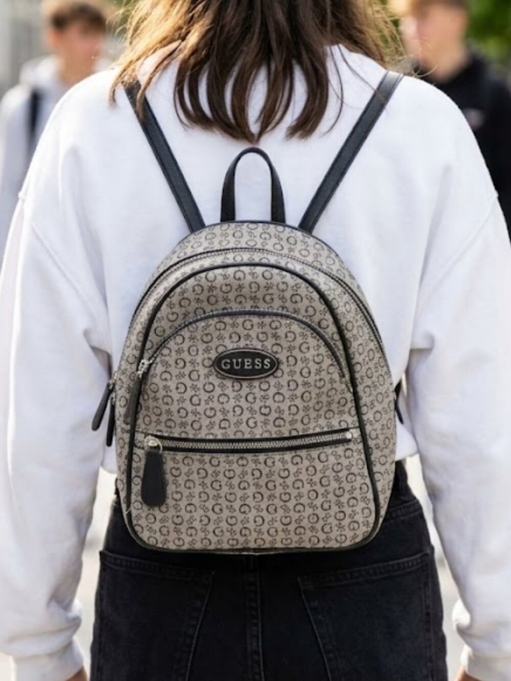 GUESS Monogram Mini Backpack – Grey & Black Logo Print